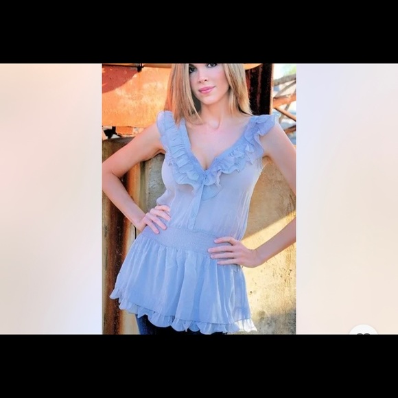 Grey Button-Up Ruffled Smocked Semi-sheer Tunic - Picture 6 of 7